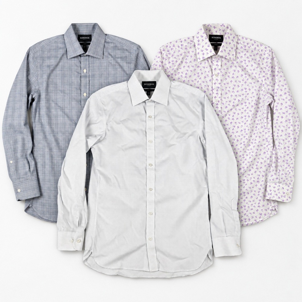 Bonobos Slim Fit Wrinkle Free Dress Shirt Lot 3 15.5 35 Plaid Dot Floral Mens